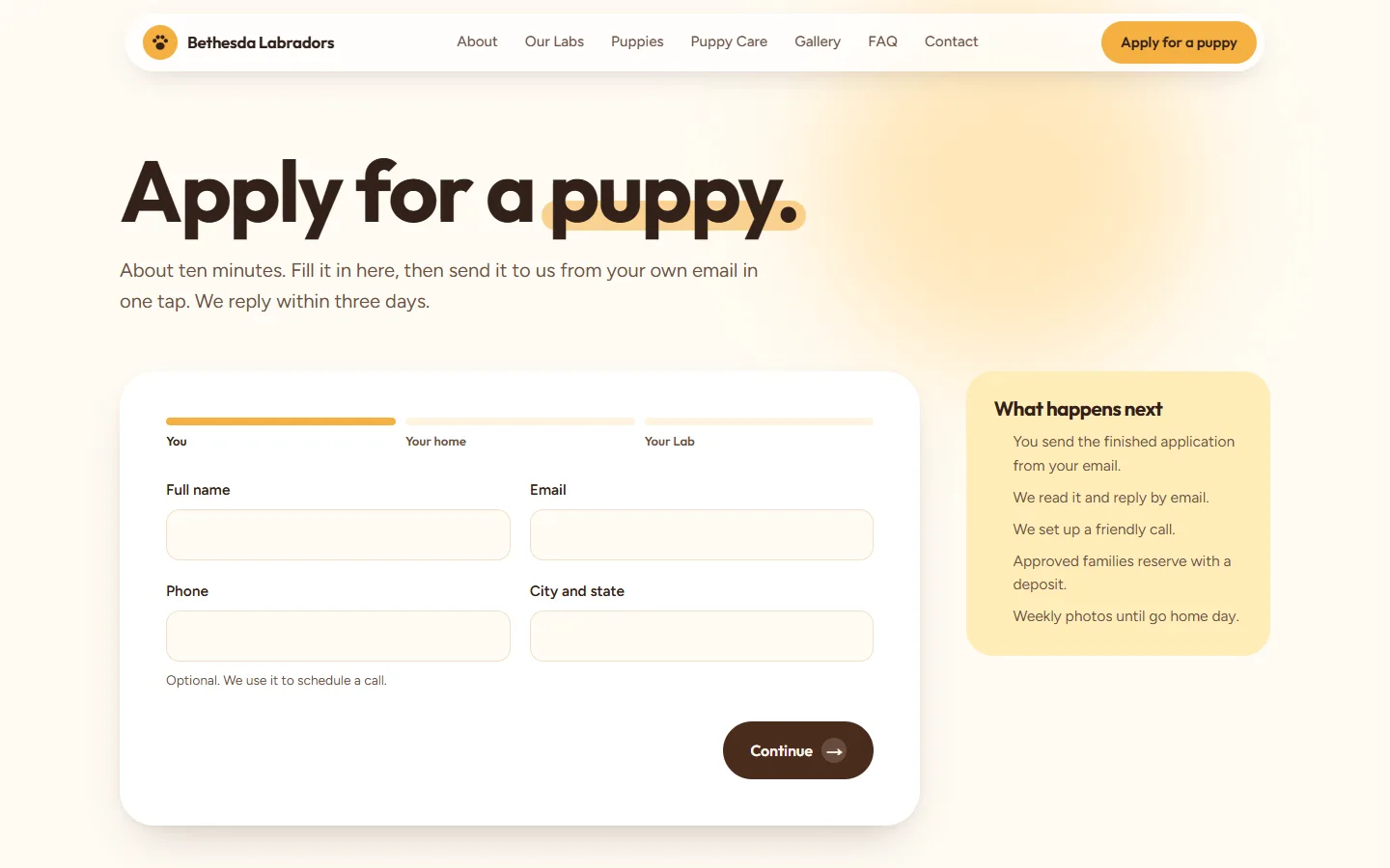 A multi-step puppy application form that saves a draft.