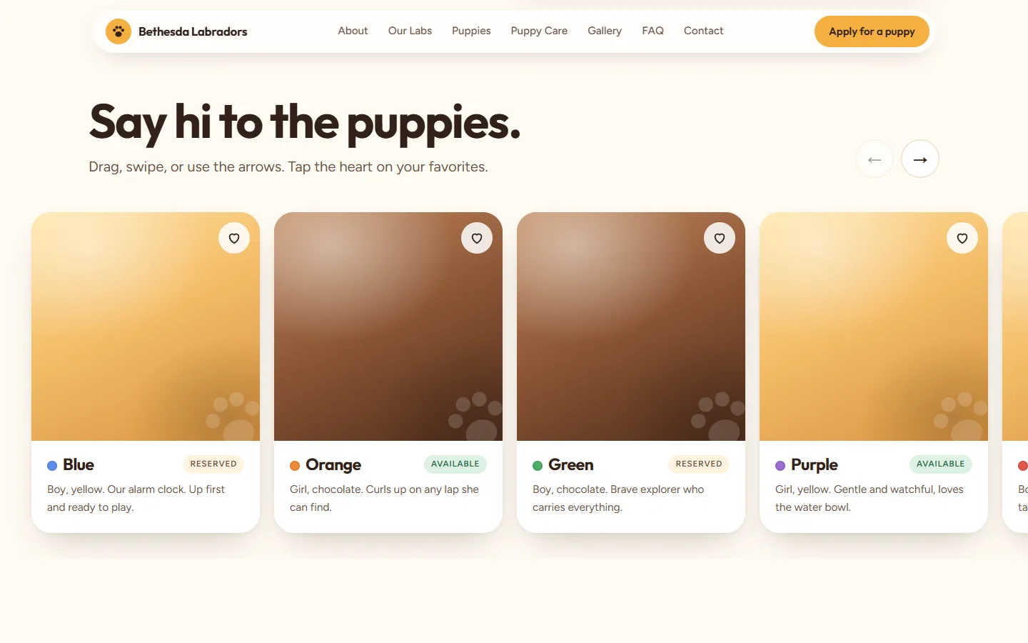 A carousel of puppies showing who is reserved and who is available.