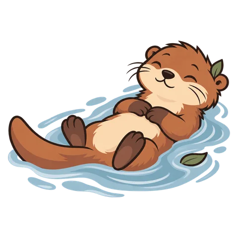 Yumi the otter floating on its back, holding a little sign.
