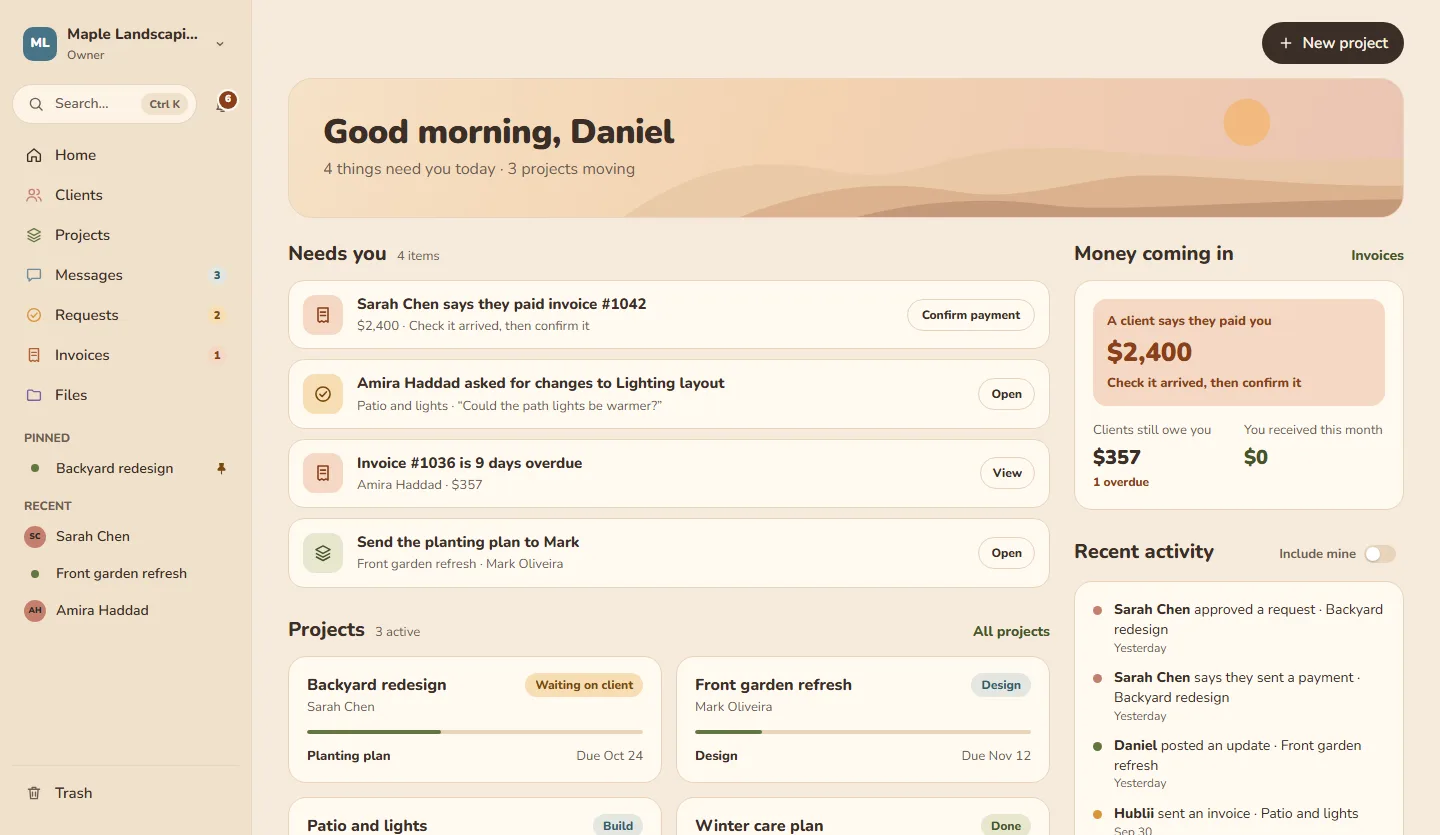 hublii business dashboard in the Golden hour theme: what needs you, money coming in, projects and recent activity.