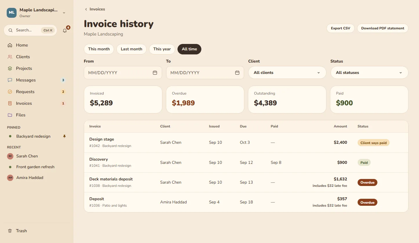 hublii invoice history with totals and statuses, in the Golden hour theme.