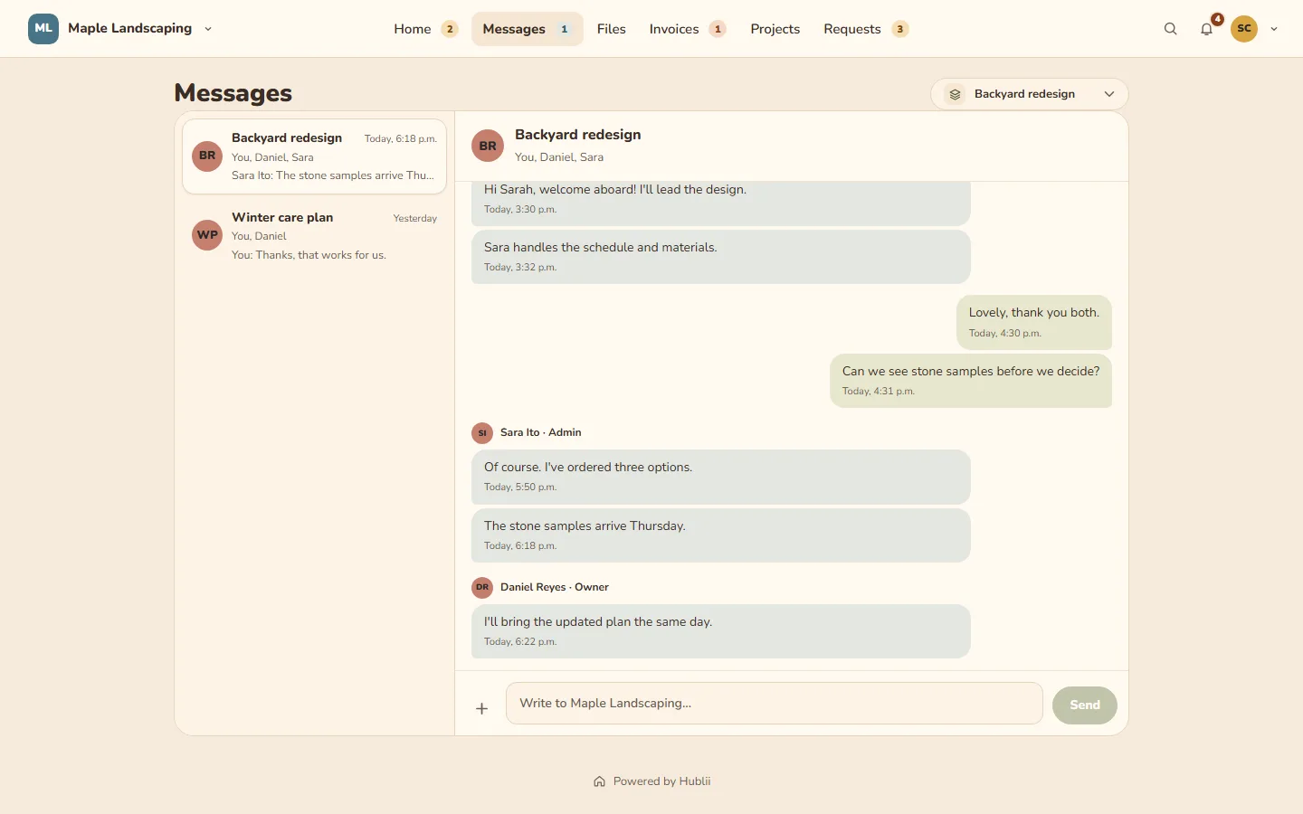 A hublii message thread between a landscaping business and its client, in the Golden hour theme.