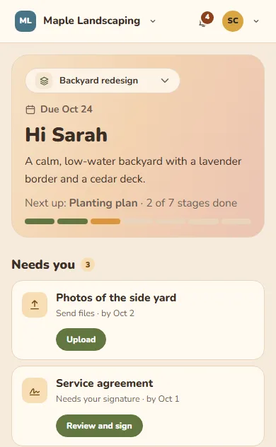 hublii's client portal on a phone, in the Golden hour theme.