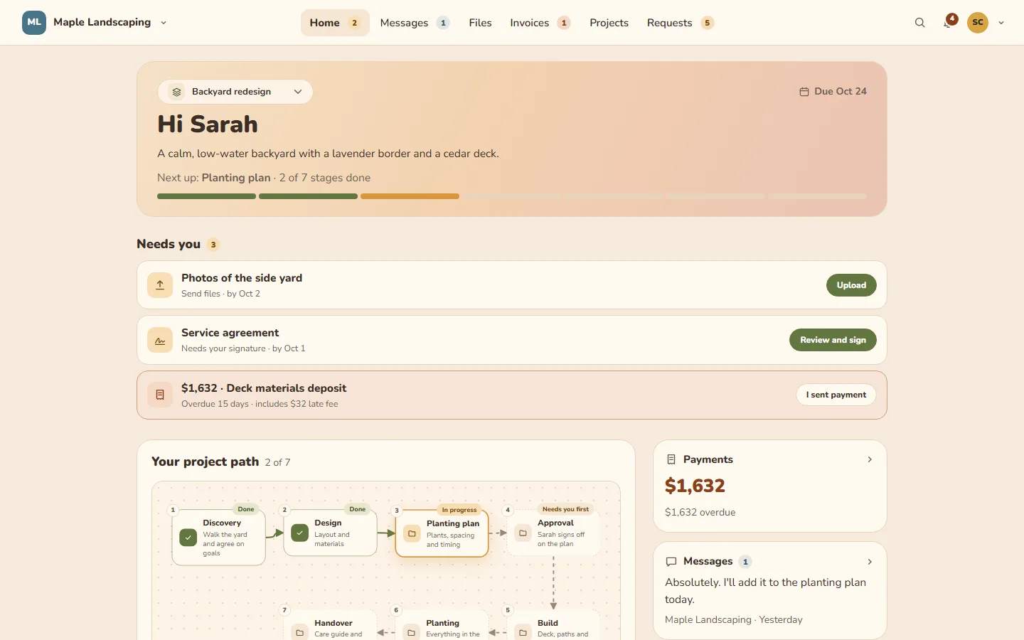 A client's hublii portal in the Golden hour theme: needs-you items, payments and the project path.