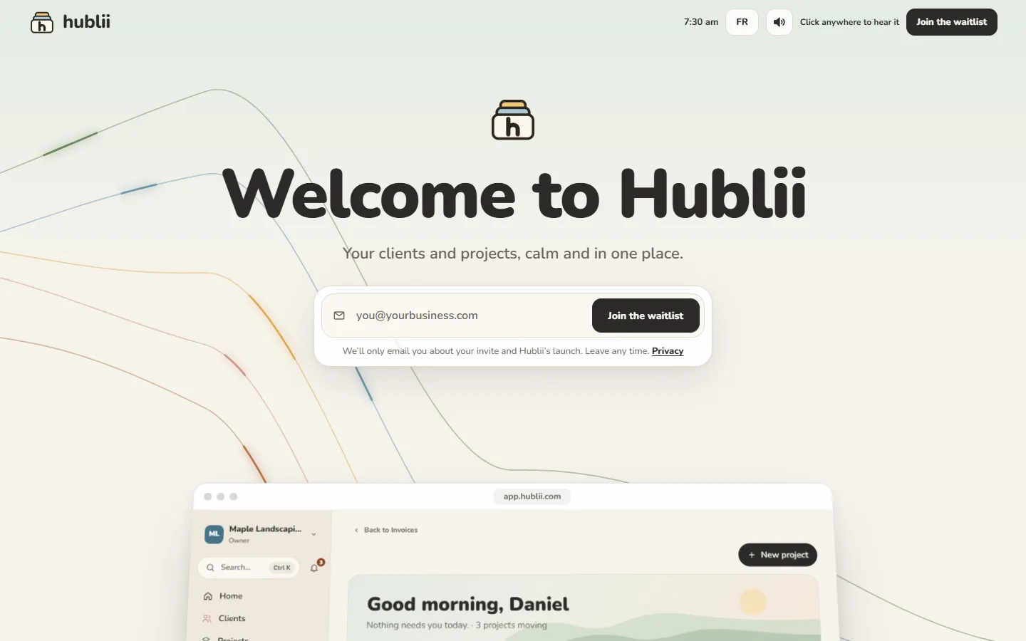 The hublii.com waitlist page.
