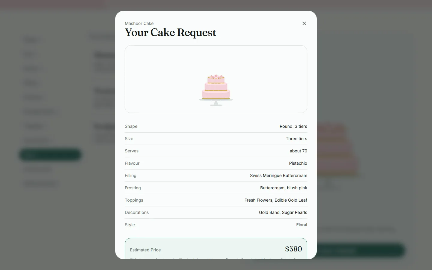 The cake request summary, ready to send to the baker.